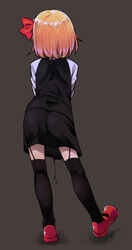  ass black_background black_skirt black_thighhighs black_vest blonde_hair bob_cut bow contrapposto dark_background darkness facing_away female from_behind full_body hairbow legs_apart long_sleeves mary_janes over-kneehighs red_bow red_footwear rumia shamo_(koumakantv) shoes short_hair simple_background skirt skirt_set solo standing thighhighs toes_up touhou vest zettai_ryouiki 