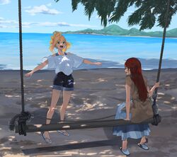  2girls absurdres bare_shoulders beach belt blonde_hair blue_eyes blue_footwear blue_skirt blue_sky closed_eyes cloud commentary day gochiwa highres jumping long_hair multiple_girls off_shoulder open_mouth original outdoors red_hair sand sandals see-through see-through_silhouette sitting skirt sky swing teeth tongue tree upper_teeth_only water 