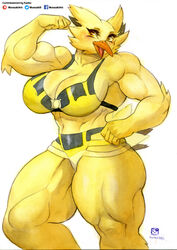  2022 5_fingers absurd_res anthro artist_logo avian beak big_breasts black_eyebrows blush breasts cleavage clothed clothing english_text eyebrows eyelashes facebook facebook_logo feather_tuft feathers female fingers fist flexing flexing_bicep generation_1_pokemon glistening glistening_eyes hi_res huge_breasts legendary_pokemon logo looking_at_viewer murazaki muscular muscular_anthro muscular_arms muscular_female muscular_thighs nintendo non-mammal_breasts open_mouth open_smile orange_beak orange_eyes painting_(artwork) patreon patreon_logo pokemon pokemon_(species) red_tongue simple_background smile smiling_at_viewer solo standing text thick_eyelashes thick_neck thick_thighs tongue traditional_media_(artwork) tuft twitter twitter_logo watercolor_(artwork) white_background wide_hips yellow_body yellow_feathers zapdos 