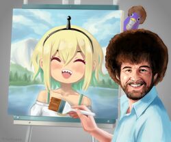  1boy :d ^_^ afro amano_pikamee animal bare_shoulders beard bird black_hairband blonde_hair blue_shirt bob_ross brown_hair closed_eyes collarbone collared_shirt commentary crossover easel english_commentary facial_hair green_hair grey_background grin gyari_(bird) hair_between_eyes hairband highres holding holding_paintbrush moustache multicolored_hair off-shoulder_shirt off_shoulder open_mouth paintbrush painting_(object) ramiigotcha real_life realistic sharp_teeth shirt smile solo_focus teeth the_joy_of_painting twitter_username two-tone_hair virtual_youtuber voms white_shirt 