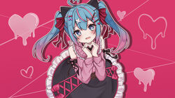  ahoge aqua_eyes aqua_hair bare_shoulders black_bow black_skirt blush bow chestnut_mouth commentary_request detached_sleeves dripping female frilled_skirt frills gradient_hair hair_ornament hairbow hairclip hatsune_miku heart heart-shaped_pupils heart_hands highres leaning_forward looking_at_viewer medium_hair multicolored_hair noneon319 pink_background pink_hair pink_shirt pink_sleeves red_bow shirt sidelocks simple_background skirt solo symbol-shaped_pupils vocaloid 