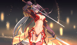  black_hat blindfold breasts dual_wielding fate/grand_order fate_(series) female hat highres holding katana large_breasts long_hair midriff revealing_clothes showgirl_skirt side_ponytail solo stomach sword taira_no_kagekiyo_(fate) tate_eboshi tenshin_kagehisa ushiwakamaru_(fate) weapon 