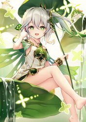  :d aranara_(genshin_impact) arapacati_(genshin_impact) aravinay_(genshin_impact) backlighting bare_shoulders barefoot commentary_request cross-shaped_pupils day dress feet feet_out_of_frame female from_below genshin_impact gradient_hair green_eyes green_hair green_theme grey_hair hair_between_eyes highres holding holding_leaf leaf leaf_umbrella legs looking_at_viewer multicolored_hair nahida_(genshin_impact) off-shoulder_dress off_shoulder outdoors panties pantyshot pointy_ears side_ponytail sitting smile soles solo_focus symbol-shaped_pupils transparent underwear water waterfall white_dress white_panties yan_(nicknikg) 