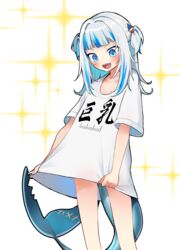  :d blue_eyes blue_hair blunt_bangs blush clothes_writing commentary commentary_request dot_nose ena1215 female fins fish_tail gawr_gura hair_ornament highres hololive hololive_english long_hair looking_down md5_mismatch multicolored_hair no_pants oversized_clothes oversized_shirt partial_commentary shark_girl shark_hair_ornament shark_tail sharp_teeth shirt short_sleeves sidelocks simple_background smile solo sparkle standing streaked_hair tail teeth translated two_side_up upper_teeth_only v-shaped_eyebrows virtual_youtuber white_background white_hair white_shirt 