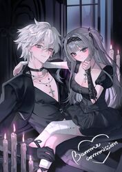  1boy absurdres bamme_o3o bandaged_knees black_choker black_dress black_gloves black_hairband black_jacket black_nails black_ribbon black_shirt breasts brown_eyes character_request check_copyright choker cleavage commission copyright_request cross cross_necklace danganronpa_(series) danganronpa_2:_goodbye_despair detached_sleeves dress female gloves grey_hair hair_between_eyes hair_ribbon hairband hand_up heart highres jacket jewelry komaeda_nagito large_breasts nail_polish necklace open_clothes open_jacket puffy_short_sleeves puffy_sleeves ribbon shirt short_hair short_sleeves sitting sitting_on_lap sitting_on_person smile window 