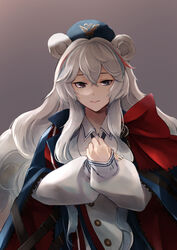  absurdres animal_ears arknights bear_ears blue_hair blue_hat blue_jacket brown_eyes collared_shirt commentary_request e-bushi eyebrows_hidden_by_hair female grey_background grey_eyes grey_hair hair_between_eyes hat heterochromia highres jacket long_hair long_sleeves multicolored_hair puffy_long_sleeves puffy_sleeves red_hair rosa_(arknights) shirt sleeves_past_wrists solo streaked_hair upper_body very_long_hair white_shirt 