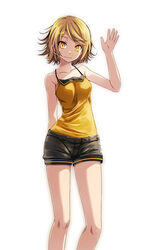  :3 bare_shoulders black_shorts blonde_hair bob_cut breasts camisole collarbone commentary feet_out_of_frame female highres kagamine_rin kunoichi_demo_koi_ga_shitai_(vocaloid) light_smile orange_konkon_(module) photoshop_(medium) project_diva_(series) shirt short_hair shorts simple_background small_breasts solo standing tsukishiro_saika vocaloid waving white_background yellow_eyes yellow_shirt 