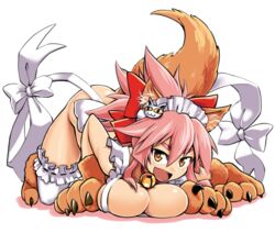  animal_ear_fluff animal_ears animal_hands apron ass bell blush breast_press breasts cat_hair_ornament cat_paws cleavage collar commentary_request fangs fate/grand_order fate_(series) female fox_ears fox_girl fox_tail gloves hair_ornament hair_ribbon highres jingle_bell kagehito large_breasts long_hair looking_at_viewer naked_apron neck_bell paw_gloves paw_shoes pink_hair ponytail red_ribbon ribbon shoes simple_background solo tail tamamo_(fate) tamamo_cat_(fate) tamamo_cat_(third_ascension)_(fate) white_apron white_background white_legwear yellow_eyes 