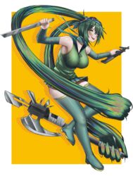  absurdly_long_hair absurdres aqua_sailor_collar arm_wrap assault_rifle axe bandaged_neck bandages battle_axe blush boots border breasts bullpup check_weapon collarbone commentary_request commission english_commentary female finger_on_trigger full_body goggles goggles_on_head green_eyes green_footwear green_hair green_skirt green_vest gun hair_censor hank_miku hatsune_miku highres holding holding_axe holding_gun holding_weapon kafu_(kafu6416) l85 large_breasts long_hair looking_at_viewer machete madness_combat mixed-language_commentary multiple_weapons open_mouth original pixiv_commission pleated_skirt prehensile_hair rifle sailor_collar sharp_teeth simple_background skirt sleeveless smile solo teeth thigh_boots triple_wielding twintails upper_teeth_only very_long_hair vest vocaloid weapon weapon_request white_border yellow_background zipper_pull_tab 