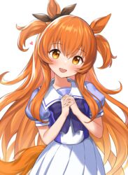  :d animal_ears blush bow bowtie commentary commentary_request cowboy_shot ear_ribbon female highres horse_ears horse_girl horse_tail interlocked_fingers kiki-yu long_hair looking_at_viewer mayano_top_gun_(umamusume) orange_eyes orange_hair own_hands_clasped own_hands_together pleated_skirt puffy_short_sleeves puffy_sleeves purple_bow purple_bowtie purple_shirt sailor_collar sailor_shirt school_uniform serafuku shirt short_sleeves skirt smile solo summer_uniform tail tracen_school_uniform two_side_up umamusume very_long_hair white_background white_skirt 