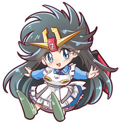  1041_(toshikazu) apron black_hair blue_eyes blue_shirt chibi collared_shirt double_zeta-kun_koko_ni_ari female green_footwear gundam humanization maid_apron mecha_musume open_hands science_fiction sd_gundam shirt smile solo v-fin white_background zeta-chan zeta_gundam zeta_gundam_(mobile_suit) 