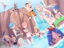  6+girls annerose_miload ball beachball beatrice_(re:zero) blue_eyes blue_hair blush clind_(re:zero) commentary emilia_(re:zero) english_commentary frederica_baumann garfiel_tinsel hair_ornament highres holding hug jumping kicking long_hair male_swimwear meili_portroute multiple_boys multiple_girls natsuki_subaru otto_suewen outdoors petra_leyte pink_eyes pink_hair ram_(re:zero) re:zero_kara_hajimeru_isekai_seikatsu rem_(re:zero) roswaal_l._mathers scorpion shaula_(re:zero) short_hair skin_tight swim_briefs swimming swimsuit water water_gun waterfall x_hair_ornament zerobarto 