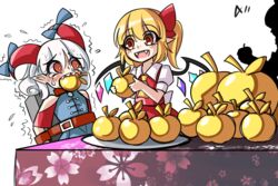  a-xii apple ascot bad_apple!! blonde_hair blue_dress bomb bound chinese_commentary commentary crying crying_with_eyes_open crystal curly_hair derivative_work detached_sleeves dress earrings explosive feeding flandre_scarlet food food_in_mouth force-feeding fruit gold golden_apple hakurei_reimu highres horn_ornament horn_ribbon horns jewelry no_headwear oerba_yun_fang patterned_clothing pointy_ears puffy_short_sleeves puffy_sleeves red_eyes red_horns red_skirt red_sleeves red_vest ribbon sharp_teeth sheep_horns shirt short_sleeves side_ponytail silhouette simple_background sitting skirt sunken_fossil_world tears teeth tied_up_(nonsexual) touhou toutetsu_yuuma vest white_background white_hair white_shirt wings yellow_ascot 