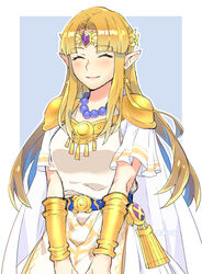  ^_^ alternate_color armor blonde_hair breasts cape closed_eyes closed_mouth commentary commission cowboy_shot dress earrings female gold happy jewelry light_blush long_hair necklace ooshio7734 pointy_ears princess_zelda shoulder_armor sidelocks skeb_commission smile solo super_smash_bros. the_legend_of_zelda the_legend_of_zelda:_a_link_between_worlds triforce triforce_earrings white_dress 