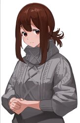  brown_eyes brown_hair check_copyright closed_mouth commentary_request copyright_request female gochiwa grey_sweater highres long_hair looking_at_viewer original own_hands_together ponytail simple_background solo sweater upper_body white_background 