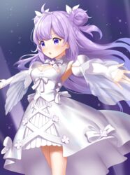  armpits azur_lane bad_id bad_pixiv_id blush breasts cleavage_cutout clothing_cutout cowboy_shot detached_sleeves dress female highres kiki-yu long_hair medium_breasts open_mouth outstretched_arms purple_eyes purple_hair see-through see-through_sleeves short_dress sleeveless sleeveless_dress solo unicorn_(angelic_night)_(azur_lane) unicorn_(azur_lane) v-shaped_eyebrows white_dress 