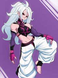  2019 alien alien_humanoid breasts capcom clothing colored_nails cosplay crossover crossover_cosplay dragon_ball dragon_ball_fighterz echo_saber feet female fingerless_gloves fingers gloves hair handwear hi_res humanoid humanoid_pointy_ears juri_han long_hair majin majin_android_21 nails not_furry pink_body pink_skin red_eyes simple_background solo street_fighter toes white_hair 