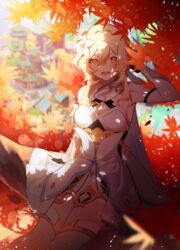  absurdres autumn autumn_leaves backlighting bad_id bad_pixiv_id bare_shoulders blonde_hair blush breasts cleavage detached_sleeves dress female flower genshin_impact hair_flower hair_ornament highres large_breasts leaf looking_at_viewer lumine_(genshin_impact) maple_leaf medium_hair open_mouth scarf shade shotgunman sidelocks sitting smile solo thighhighs thighs tree white_dress white_scarf white_thighhighs yellow_eyes 