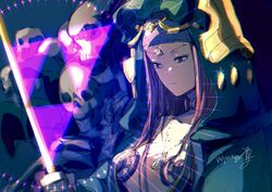  breasts brown_hair choker closed_mouth cressida_obdilord female highres hood jewelry long_hair miyama_(lacrima01) necklace open_clothes open_robe purple_eyes robe skeleton tactics_ogre weapon 