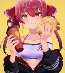  bare_shoulders bikini bikini_under_clothes breasts collarbone crop_top cup disposable_cup drinking_straw eating eyes_visible_through_hair female food hair_ribbon heart heart-shaped_pupils heterochromia highres holding holding_cup hololive houshou_marine houshou_marine_(summer) jewelry long_hair looking_at_viewer medium_breasts midriff navel off-shoulder_shirt off_shoulder official_alternate_costume pendant red_bikini red_eyes red_hair ribbon see-through shirt solo sugoi_yowai swimsuit symbol-shaped_pupils taco twintails upper_body virtual_youtuber yellow_eyes 