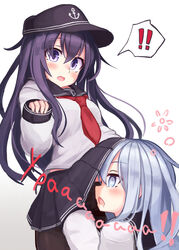  ! !! ... 2girls @_@ akatsuki_(kancolle) anchor_symbol bad_id bad_twitter_id black_pantyhose blue_eyes blush clothes_lift commentary female_pervert flat_cap grey_hair hat hibiki_(kancolle) highres kantai_collection long_hair long_sleeves multiple_girls neckerchief open_mouth panties pantyhose pervert pleated_skirt purple_eyes purple_hair reitou_mikan russian_text sailor_collar school_uniform serafuku simple_background skirt skirt_lift spoken_ellipsis translated underwear verniy_(kancolle) white_background yuri 