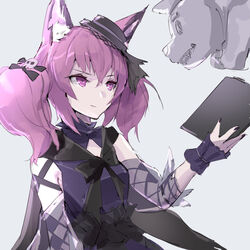  &gt;:) animal_ear_fluff animal_ears arknights black_bow bow closed_mouth commentary_request detached_sleeves dress e-bushi female grey_background hair_between_eyes hair_ornament hairbow hand_up highres holding long_sleeves looking_away morte_(arknights) nail_polish official_alternate_costume pink_hair puffy_long_sleeves puffy_sleeves purple_dress purple_eyes purple_nails see-through shamare_(arknights) shamare_(echo_of_the_horrorlair)_(arknights) simple_background skull_hair_ornament smile solo twintails v-shaped_eyebrows wrist_cuffs 