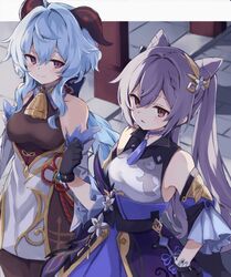  2girls bad_id bad_twitter_id bare_shoulders bell black_gloves blue_hair blush bodystocking breasts closed_mouth cone_hair_bun detached_sleeves dress freenote_mr ganyu_(genshin_impact) genshin_impact gloves goat_horns hair_between_eyes hair_bun hair_ornament hand_up highres horns keqing_(genshin_impact) long_hair looking_at_another medium_breasts multiple_girls open_mouth outdoors parted_lips purple_dress purple_eyes purple_hair red_eyes sidelocks smile standing twintails very_long_hair white_sleeves 