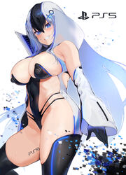  bad_id bad_pixiv_id bare_shoulders black_gloves black_hair black_thighhighs blue_eyes blush body_writing breasts cleavage control_stick covered_navel detached_sleeves female game_console gloves gradient_hair grin hair_between_eyes hair_ornament highleg highleg_leotard ikuchan_kaoru large_breasts leotard long_hair looking_at_viewer md5_mismatch multicolored_hair original personification playstation_5 popped_collar ps5_chan smile solo sony thighhighs thighs white_hair white_sleeves 