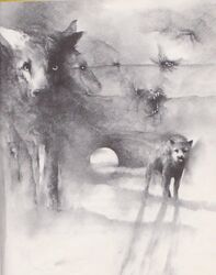  1976 20th_century abstract_art ambiguous_gender ancient_art bared_teeth black_and_white canid canine canis creepy feral fog ghostly greyscale group growling hi_res mammal monochrome moon shadow size_difference stephen_gammell surreal teeth traditional_media_(artwork) wolf 