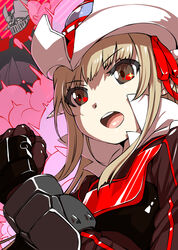  black_gloves brown_eyes brown_hair brown_jacket clenched_hand female gloves hair_ribbon helmet highres jacket mazinger_(series) mazinger_z mazinger_z_(mecha) mecha mecha_musume mikazuki_akira! name_connection open_mouth red_ribbon ribbon robot robot_girls_z smoke sparkle super_robot v-shaped_eyebrows yellow_eyes z-chan 