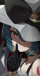  absurdres bad_id bad_pixiv_id bib_(bibboss39) black_choker black_gloves choker closed_mouth collarbone commentary dark_miku_(project_voltage) female gloves hat hatsune_miku highres index_finger_raised looking_at_viewer luxury_ball one_eye_covered poke_ball pokemon project_voltage red_eyes smile solo upper_body vocaloid white_hat 