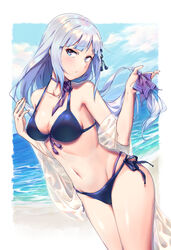  bare_arms bare_shoulders beach between_breasts bikini black_bikini blue_eyes blue_sky blush border bow breasts choker cleavage closed_mouth cloud collarbone commentary_request cowboy_shot day dutch_angle female fingernails grey_hair groin hair_ornament hairbow hairclip halterneck hands_up head_tilt highres holding holding_own_hair horizon idolmaster idolmaster_million_live! idolmaster_million_live!_theater_days legs_together long_hair looking_at_viewer looking_to_the_side low-tied_long_hair medium_breasts multi-strapped_bikini navel ocean outdoors outside_border purple_bow purple_ribbon raised_eyebrows ribbon ribbon_choker sanada_(tony2035176) see-through shawl shiraishi_tsumugi side-tie_bikini_bottom sidelocks skindentation sky solo standing stomach strap_gap striped striped_bow swimsuit water white_border 