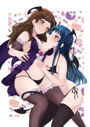  2girls :d :t absurdres arm_garter asahi_(asahi8105) babydoll bikini black_bikini black_thighhighs blush breasts brown_hair candy candy_print cleavage demon_girl demon_tail demon_wings eye_contact food green_hair grin halloween head_wings highleg highleg_panties highres idolmaster idolmaster_million_live! kitazawa_shiho lollipop looking_at_another medium_breasts mogami_shizuka multiple_girls navel panties pumpkin_print purple_babydoll side-tie_bikini_bottom smile swimsuit tail tail_wrap thighhighs underwear wings yuri 