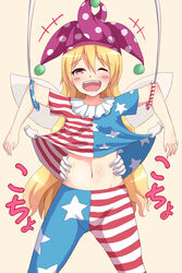  +++ american_flag american_flag_print blonde_hair blush blush_stickers bound clothes_lift clownpiece disembodied_hand fairy_wings female flag_print hat iberiko_(soinesitai) jester_cap midriff navel pants pantyhose print_pants purple_eyes shirt_lift simple_background straight-on teeth tickling tickling_sides touhou upper_teeth_only wings 