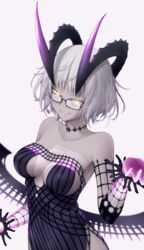  bare_shoulders black_dress breasts choker cleavage collarbone colored_skin detached_sleeves dress fate/grand_order fate_(series) female glasses grey_hair grey_skin highres horns jacques_de_molay_(foreigner)_(fate) jacques_de_molay_(foreigner)_(third_ascension)_(fate) large_breasts looking_at_viewer meihemu short_dress short_hair smile solo yellow_eyes 