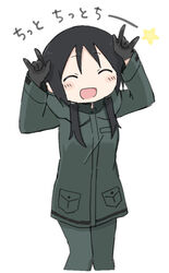  :d black_hair blush chito_(shoujo_shuumatsu_ryokou) closed_eyes coat cowboy_shot female green_coat green_pants jacket low_twintails military military_jacket military_uniform nico_nico_nii no_headwear open_mouth pants shoujo_shuumatsu_ryokou smile solo translated twintails uniform white_background yuyu_(yuuuyuuu69) 