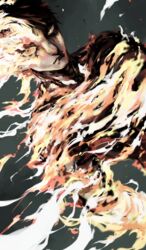  1boy agni_(fire_punch) black_hair burning closed_mouth fire fire_punch flaming_eye green_background highres male_focus nakano_(2_mannaka) short_hair simple_background solo yellow_eyes 