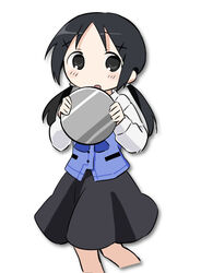  black_eyes black_hair blush_stickers chito_(shoujo_shuumatsu_ryokou) commentary_request cosplay female gochuumon_wa_usagi_desu_ka? hair_ornament holding kafuu_chino kafuu_chino_(cosplay) minase_inori ponytail rabbit_house_uniform shoujo_shuumatsu_ryokou solo tray uniform voice_actor_connection waitress white_background x_hair_ornament yuyu_(yuuuyuuu69) 