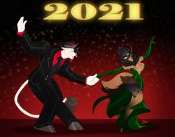  2021 5_fingers absurd_res anthro armwear barefoot big_breasts black_body black_clothing black_fur black_hair black_nose black_spots black_suit bovid bovine breasts brown_body brown_fur cattle charo_corduroy chest_tuft cleavage clothed clothing curvy_figure dancing digital_media_(artwork) dreaj1 dress duo elbow_gloves facial_piercing fedora feet female fingers footwear fur gloves green_clothing green_dress green_footwear green_shoes hair hand_holding handwear hat headgear headwear hi_res high_heels hip_tuft holidays hooves humanoid_hands hyena looking_at_another looking_at_partner ludwig_bullworth_jackson ludwig_bullworth_jackson_(copyright) male male/female mammal markings multicolored_body multicolored_fur multicolored_tail neck_tuft necktie new_year nose_piercing nose_ring ooo-belise-ooo piercing ring_piercing ruff septum_piercing shoes signature smile sparkles sparkling_clothing sparkling_dress spots spotted_body spotted_fur spotted_hyena standing story story_in_description strapless_clothing strapless_dress suit tail tuft two_tone_body two_tone_fur white_body white_fur wide_hips yellow_eyes 