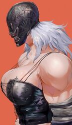  biceps breasts center_opening cross-laced_clothes dorohedoro exposed_muscle female gimp_mask ibuo_(ibukht1015) large_breasts long_hair mask muscular muscular_female noi_(dorohedoro) orange_background simple_background solo spaghetti_strap strap_gap teeth white_hair 