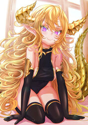  arm_support backlighting bare_shoulders black_gloves black_leotard black_thighhighs blonde_hair breasts c: closed_mouth commentary curly_hair dragon_girl dragon_horns dragon_tail drill_hair elbow_gloves female gloves gold_horns gold_tail gold_trim hair_between_eyes highres horns indoors kein_hasegawa large_breasts leaning_forward leotard long_hair long_pointy_ears looking_at_viewer messy_hair original pointy_ears purple_eyes seiza shadow sideboob sidelocks single_horizontal_stripe sitting sleeveless slit_pupils smile solo tail thighhighs thighs very_long_hair wavy_hair window yellow_horns yellow_tail 