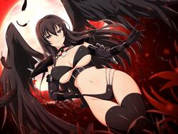  angel angel_wings arm_belt armor belt belt_buckle bikini black_belt black_choker black_eyes black_feathers black_gloves black_hair black_wings blue_eyes breasts buckle choker cleavage cosplay elbow_gloves feathered_wings feathers female flower full_moon gloves groin high_school_dxd highleg huge_moon kagura_(senran_kagura) large_breasts long_hair looking_at_viewer midriff moon navel o-ring o-ring_top official_art panties raynare raynare_(cosplay) red_sky revealing_clothes senran_kagura senran_kagura_new_link shoulder_armor shoulder_pads shoulder_spikes skindentation sky smile solo spider_lily spikes stomach swimsuit symbol-shaped_pupils thighhighs third-party_source underboob underbust underwear wings yaegashi_nan 