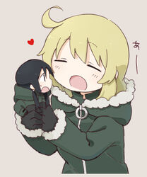  2girls ahoge black_gloves black_hair blonde_hair chito_(shoujo_shuumatsu_ryokou) closed_eyes coat commentary_request fur-trimmed_jacket fur_trim gloves green_coat heart holding jacket low_twintails military_jacket mini_person minigirl multiple_girls no_headwear open_mouth shoujo_shuumatsu_ryokou sweatdrop translated twintails upper_body you_gonna_get_eaten yuuri_(shoujo_shuumatsu_ryokou) yuyu_(yuuuyuuu69) 