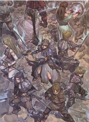  armor armored_dress blonde_hair blue_armor bow braid feathers fighting_stance grey_hair helmet highres jun_(valkyrie_profile) kashell lawfer lenneth_valkyrie llewelyn long_hair low-braided_long_hair low-tied_long_hair mystina_(valkyrie_profile) official_art shiho_(valkyrie_profile) short_hair sword third-party_source valkyrie valkyrie_profile_(series) weapon winged_helmet yoshinari_you 