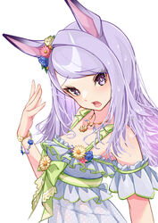  absurdres animal_ears bare_shoulders blush bow bracelet breasts commentary_request dress dress_swimsuit ear_ornament female flower frilled_dress frills green_bow highres horse_ears horse_girl jewelry kurokawa_heuy long_hair looking_at_viewer mejiro_mcqueen_(ripple_fairlady)_(umamusume) mejiro_mcqueen_(umamusume) necklace official_alternate_costume open_mouth purple_eyes purple_hair see-through see-through_dress simple_background small_breasts solo sunflower umamusume upper_body white_background 