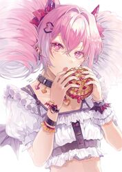  1boy artist_name choker commentary_request drill_hair earrings food hair_between_eyes hair_ornament hairclip heart heart-shaped_pupils highres holding holding_food jewelry looking_at_viewer male_focus nail_polish open_mouth original otoko_no_ko pink_eyes pink_hair short_sleeves simple_background solo symbol-shaped_pupils twin_drills waco_(misonobu) watermark white_background wristband 