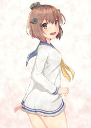  absurdres ass bad_id bad_pixiv_id blue_sailor_collar brown_eyes brown_hair commentary_request cowboy_shot dress female from_behind headgear highres kantai_collection ludens_(inonaka_koubou) neckerchief official_style open_mouth round_teeth sailor_collar sailor_dress short_hair solo speaking_tube_headset standing teeth upper_teeth_only yellow_neckerchief yukikaze_(kancolle) 