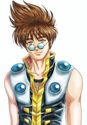  1boy akira_ituki brown_hair closed_mouth collarbone looking_at_viewer looking_over_eyewear macross macross_7 male_focus nekki_basara simple_background sleeveless smile spiked_hair upper_body white_background yellow_eyes 