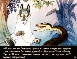  1991 ambiguous_gender anthro black_body black_eyes black_fur black_scales boa_(snake) boa_constrictor boinae brown_body brown_fur brown_scales canid canine canis clothed clothing dialogue doctor dr._wolf_(diafilm) duo fangs feral forked_tongue fully_clothed fur grey_body grey_fur male mammal open_mouth outside plant pyotr_repkin python_(diafilm) reptile russian_text scales scalie scared snake tan_body tan_scales teeth text tongue tongue_out topwear traditional_media_(artwork) translated tree vest white_body white_fur wolf yellow_eyes 