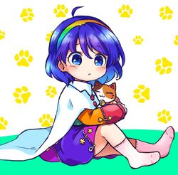  :&lt; :3 ahoge blue_eyes blue_hair blush calico cape cloak closed_eyes closed_mouth commentary_request dress feline female goutokuji_mike goutokuji_mike_(cat) hairband highres looking_at_viewer multicolored_clothes multicolored_dress multicolored_hairband orange_sleeves patchwork_clothes paw_print paw_print_background pink_socks pote_(ptkan) rainbow_gradient red_sleeves sitting socks tenkyuu_chimata touhou white_cape white_cloak zipper 